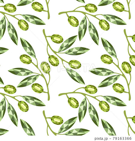 Pattern with olives in the style of low poly, green, a branch of olives with fruits. 79163366