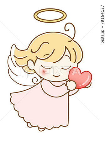 手描き風 ハートを持つ天使 茶色線 ピンクの服 左向きのイラスト素材