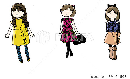 カラフルなお洋服を着た女の子三人のイラストのイラスト素材