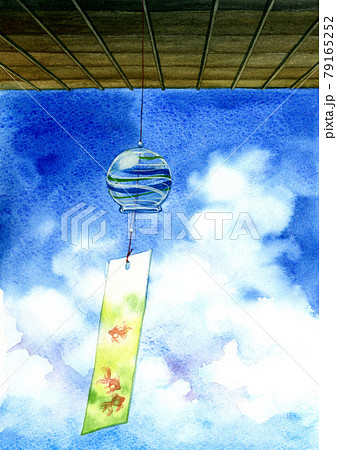 軒下の風鈴と入道雲のイラスト素材