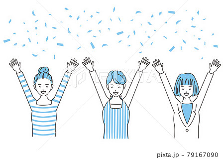 線画人物アイコン 女性3人花吹雪と万歳 喜ぶのイラスト素材