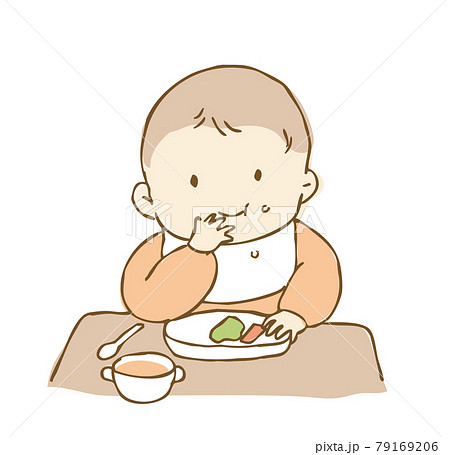 手づかみ食べをする赤ちゃんのイラスト 離乳食のイラスト素材