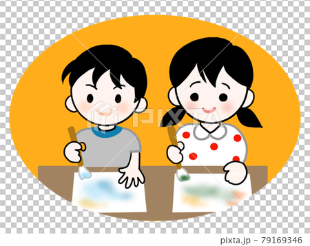 夏休みの課題の絵を描く小学生2人のイラスト 79169346