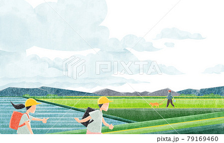 田園風景（小学生と犬の散歩）水彩風手書きイラスト 79169460
