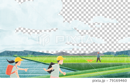 田園風景（小学生と犬の散歩）水彩風手書きイラスト 79169460