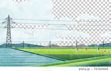 Rural scenery with a steel tower (elementary school students going to and from school) Watercolor-style handwritten illustrations 79169466