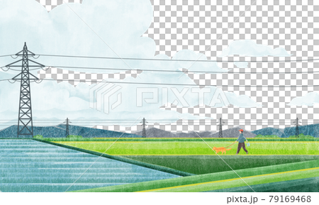 鉄塔のある田園風景（犬の散歩）水彩風手書きイラスト 79169468
