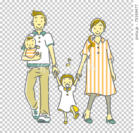 四人家族の楽しいおでかけの線画イラスト 79169477