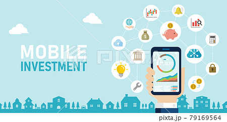 ロボアドバイザー (モバイル投資) コンセプトバナーイラスト ロボアドバイザー (モバイル投資) コンセプトバナーイラスト 79169564