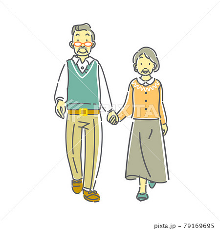 笑顔でお出かけするシニア夫婦の線画イラスト 79169695