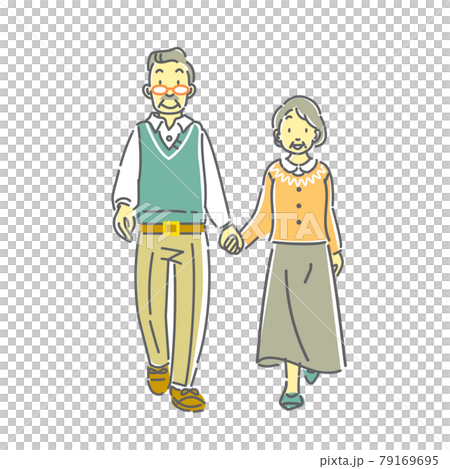 笑顔でお出かけするシニア夫婦の線画イラスト 79169695