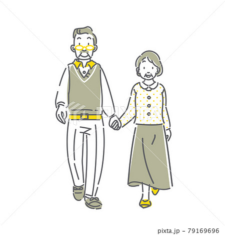 笑顔でお出かけするシニア夫婦の線画イラスト 79169696