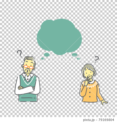 Line drawing illustration of a senior couple thinking 79169804