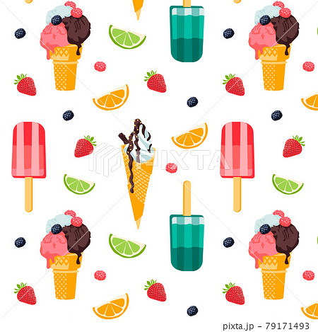 Summer seamless cute colorful pattern with ice cream, citrus, berries on white background. Vector illustration Summer seamless cute colorful pattern with ice cream, citrus, berries on white background. Vector illustration 79171493