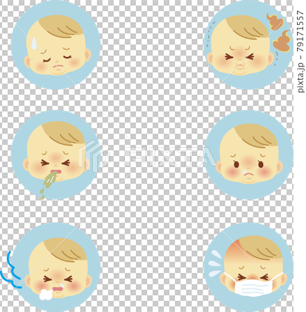 イラスト素材:かわいい赤ちゃんが喜怒哀楽の表情を見せるアイコンマークシリーズ　症状　主線なし7 79171557