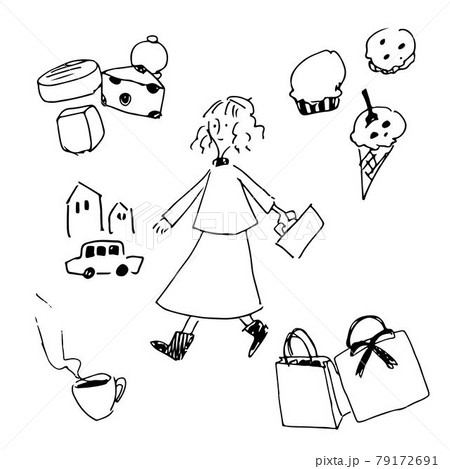シンプル手描き 買い物に行くベレー帽の女の子のイラスト素材