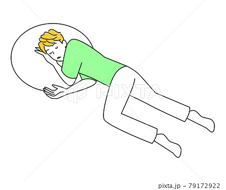 熱中症等の体調不良で倒れたので横向きに寝て安静にしている可愛い男性 回復体位 イラスト ベクターのイラスト素材