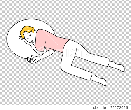 熱中症等の体調不良で倒れたので横向きに寝て安静にしている可愛い男性 回復体位 イラスト ベクター 79172926