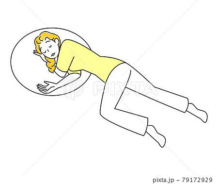熱中症等の体調不良で倒れたので横向きに寝て安静にしている可愛い女性 回復体位 イラスト ベクターのイラスト素材