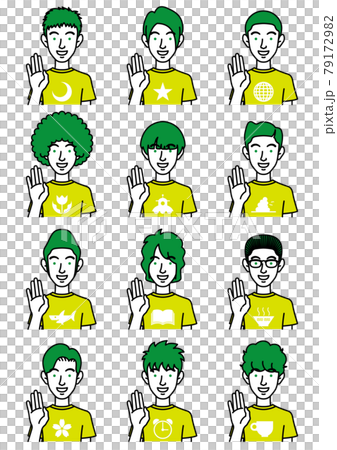 A greeting man with various hairstyles. 79172982