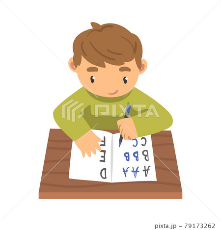 Little Girl Learning to Write, Elementary School Student Sitting at Desk and Writing Letters in Notebook Cartoon Vector Illustration 79173262