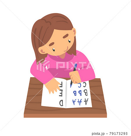 Lovely Girl Learning to Write, Elementary School Student Sitting at Desk and Writing Letters in Notebook Cartoon Vector Illustration 79173293