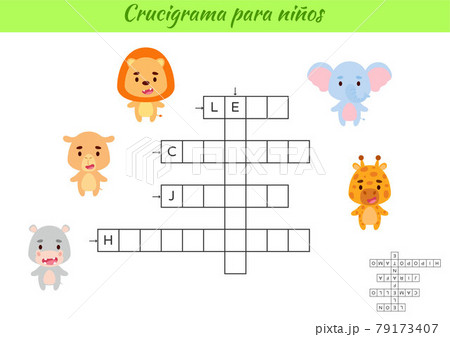 Crossword for kids in Spanish with pictures of animals. Educational game for study Spanish language and words. Children activity printable worksheet. Includes answers. Vector stock illustration 79173407