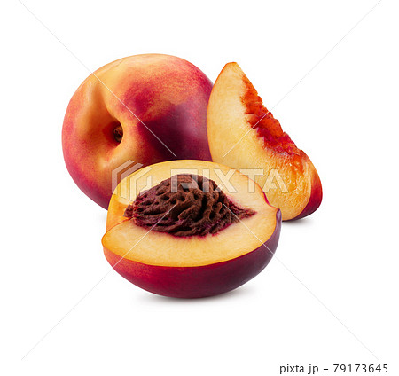 Smooth-skinned whole nectarine, one half with kernel and one unpitted slice isolated on white background with copy space for text, images. Close-up. Smooth-skinned whole nectarine, one half with kernel and one unpitted slice isolated on white background with copy space for text, images. Close-up. 79173645