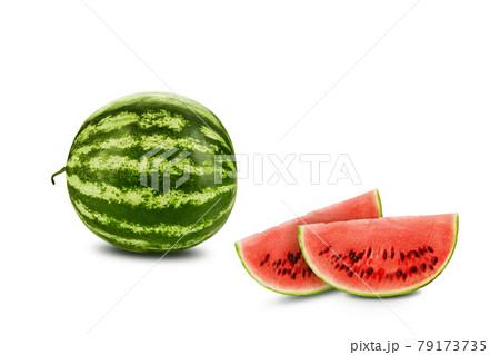 Green, striped watermelon with two slices isolated on white, copy space for text, images. Cross-section. Berry, pink flesh, black seeds. Close-up. Green, striped watermelon with two slices isolated on white, copy space for text, images. Cross-section. Berry, pink flesh, black seeds. Close-up. 79173735