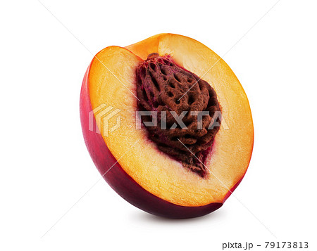 Smooth-skinned nectarine fruit with kernel isolated on white background with copy space for text or images. Side view. Close-up shot. Smooth-skinned nectarine fruit with kernel isolated on white background with copy space for text or images. Side view. Close-up shot. 79173813