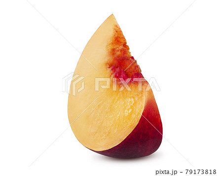 Unpitted, smooth-skinned nectarine fruit slice isolated on white background with copy space for text or images. Close-up shot. Unpitted, smooth-skinned nectarine fruit slice isolated on white background with copy space for text or images. Close-up shot. 79173818