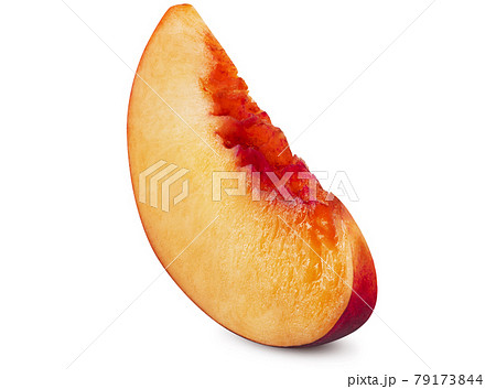 Unpitted, smooth-skinned nectarine fruit slice isolated on white background with copy space for text or images. Close-up shot. Unpitted, smooth-skinned nectarine fruit slice isolated on white background with copy space for text or images. Close-up shot. 79173844