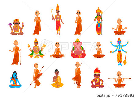 Buddhist Monks in Orange Robes Sitting in Meditation Set Vector Illustration 79173992