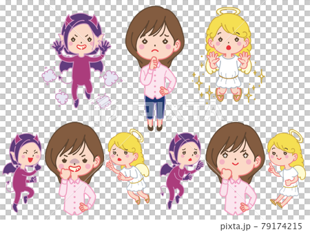 悩む女性と天使と悪魔のイラストのイラスト素材