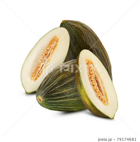 Two green tendral melons and two halves in cross-section, isolated on white background with copy space for text or images. Side view. Close-up shot. Two green tendral melons and two halves in cross-section, isolated on white background with copy space for text or images. Side view. Close-up shot. 79174681