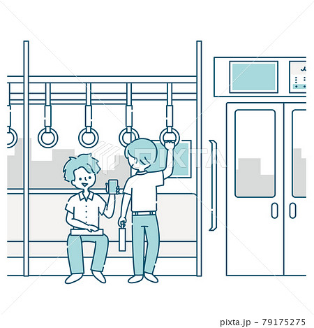 電車内で会話する男子生徒たちの通学風景のイラスト素材