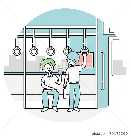 電車内で会話する男子生徒たちの通学風景のイラスト素材