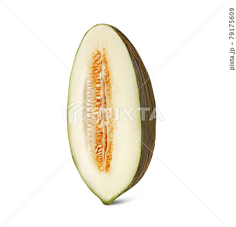 Half of delicious green tendral melon in cross-section, isolated on white background with copy space for text or images. Side view. Close-up shot. 79175609