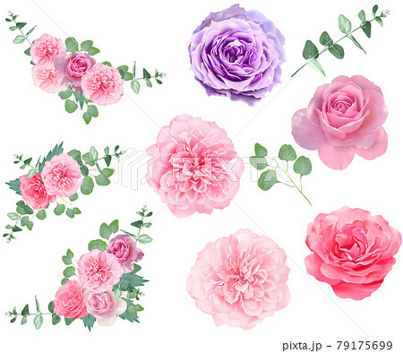 優しい色使いのピンク系のバラの花とリーフと花束のベクターイラスト素材のイラスト素材