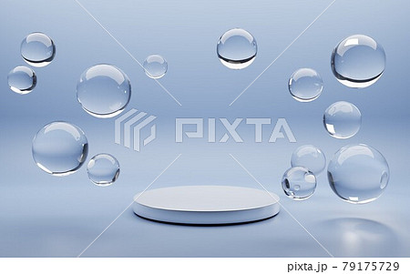 White round podium with air bubbles on blue water surface. Mock up empty geometric stage, platform with soap spheres or water drops for product ad presentation cosmetics. Realistic 3d illustration 79175729