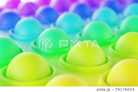 Bubble colorful geometric background. Anti-stress toy pop it. Simple dimple push sensory fidget, point fingers in round. Game for fine motor skills of children, stress relief balls, 3d illustration 79176034