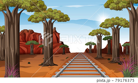 Railway through the desert landscape scene at day time 79176375