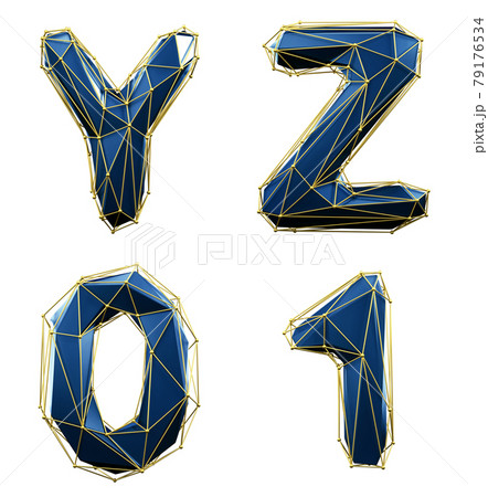 Realistic 3D set of letters Y, Z, 0, 1 made of low poly style. Collection symbols of low poly style blue color glass isolated on black background 3d 79176534