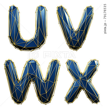 Realistic 3D set of letters U, V, W, X made of low poly style. Collection symbols of low poly style blue color glass isolated on white background 3d 79176535