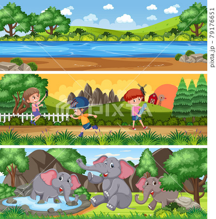 Different nature landscape scene set with cartoon character 79176651