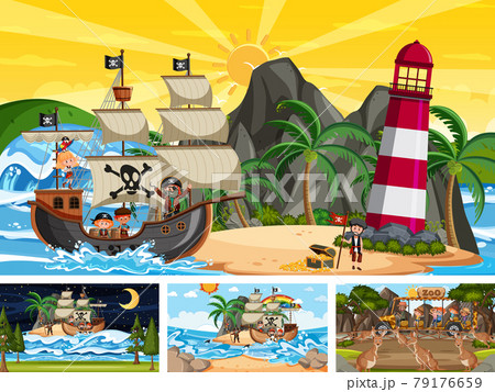 Set of different scenes with pirate ship at the sea and animals in the zoo 79176659