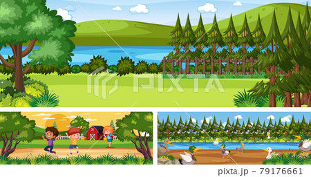 Set of different outdoor landscape scenes with cartoon character 79176661