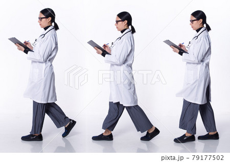 Collage Full length of 40s 50s Asian LGBTQIA+ Doctor Woman wear lab coat, stethoscope, patient chart. Medical Female walk turn right in hospital over white Background isolated 79177502