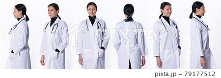 Collage Group half body Figure of 40s 50s Asian LGBTQIA+ Doctor Woman wear lab coat, stethoscope. Medical Female stands and turns 360 around rear side back view over white Background isolated 79177512