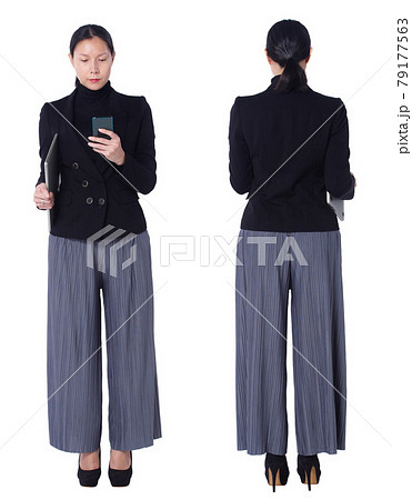 Collage full length Figure of 40s 50s Asian LGBTQIA+ Woman black hair suit pant and shoes. Female uses smart phone, notebook and turns front back view over white Background isolated 79177563